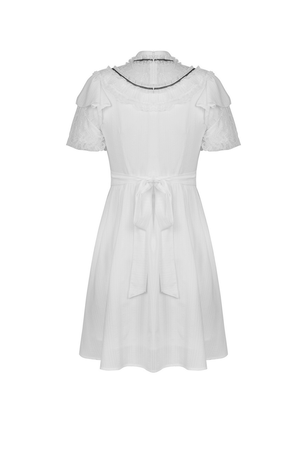 Elegant White Dress with Short Puff Sleeves and Lace Trim