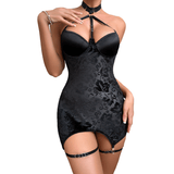 Embossed Slim-Fit Bodycon Mini Dress / Backless Halter Lingerie with Garters / Women's Sexy Outfit - EVE's SECRETS