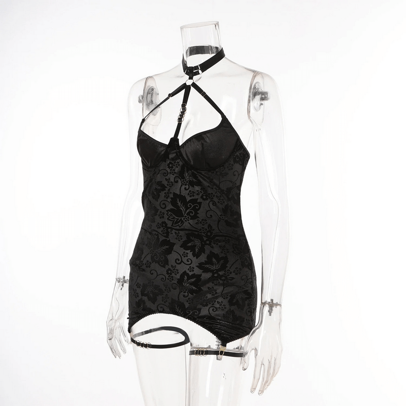 Embossed Slim-Fit Bodycon Mini Dress / Backless Halter Lingerie with Garters / Women's Sexy Outfit - EVE's SECRETS
