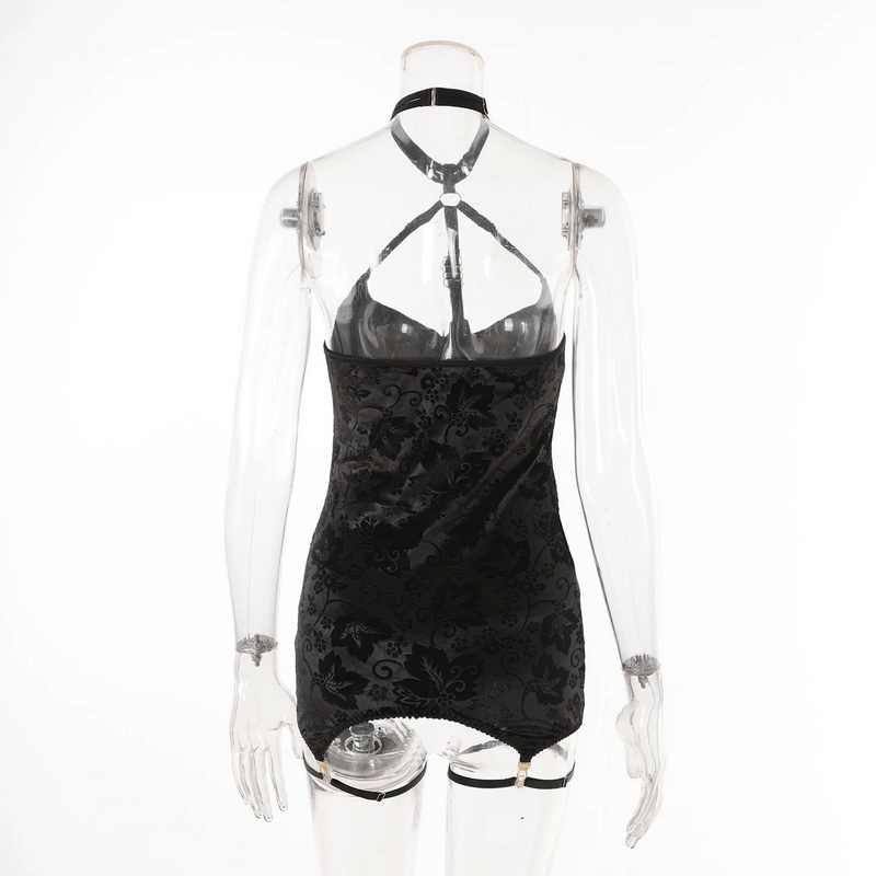 Embossed Slim-Fit Bodycon Mini Dress / Backless Halter Lingerie with Garters / Women's Sexy Outfit - EVE's SECRETS