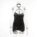 Embossed Slim-Fit Bodycon Mini Dress / Backless Halter Lingerie with Garters / Women's Sexy Outfit - EVE's SECRETS