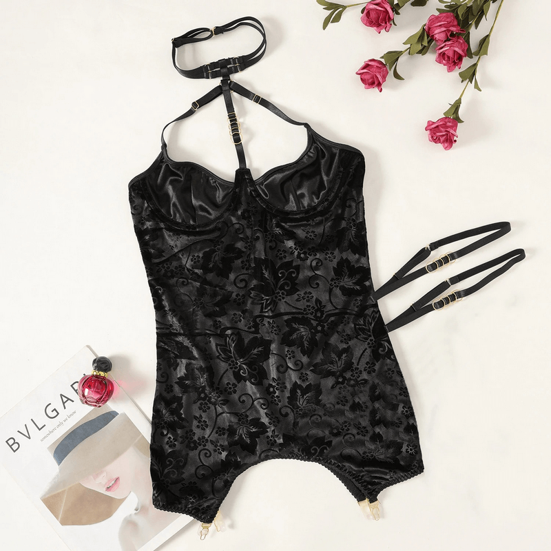 Embossed Slim-Fit Bodycon Mini Dress / Backless Halter Lingerie with Garters / Women's Sexy Outfit - EVE's SECRETS