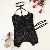 Embossed Slim-Fit Bodycon Mini Dress / Backless Halter Lingerie with Garters / Women's Sexy Outfit - EVE's SECRETS