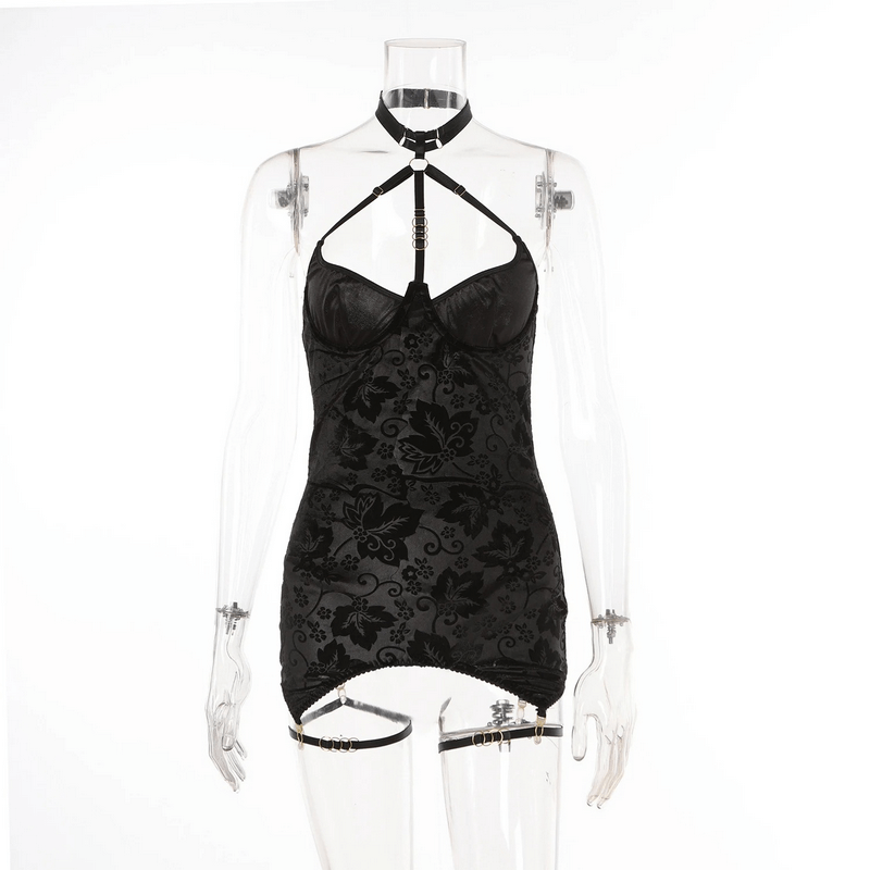 Embossed Slim-Fit Bodycon Mini Dress / Backless Halter Lingerie with Garters / Women's Sexy Outfit - EVE's SECRETS