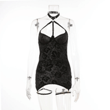 Embossed Slim-Fit Bodycon Mini Dress / Backless Halter Lingerie with Garters / Women's Sexy Outfit - EVE's SECRETS