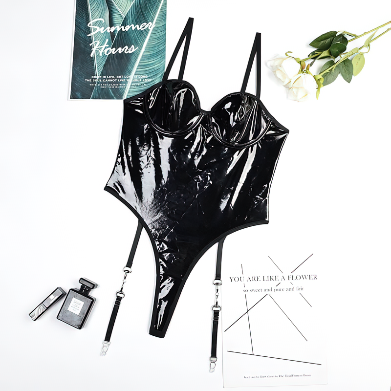 Erotic Black Women's Bodysuits / Sexy Wet Look Clothing / Female Deep Neck Outfits - EVE's SECRETS