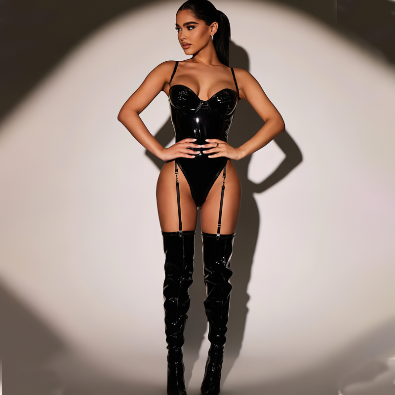 Erotic Black Women's Bodysuits / Sexy Wet Look Clothing / Female Deep Neck Outfits - EVE's SECRETS