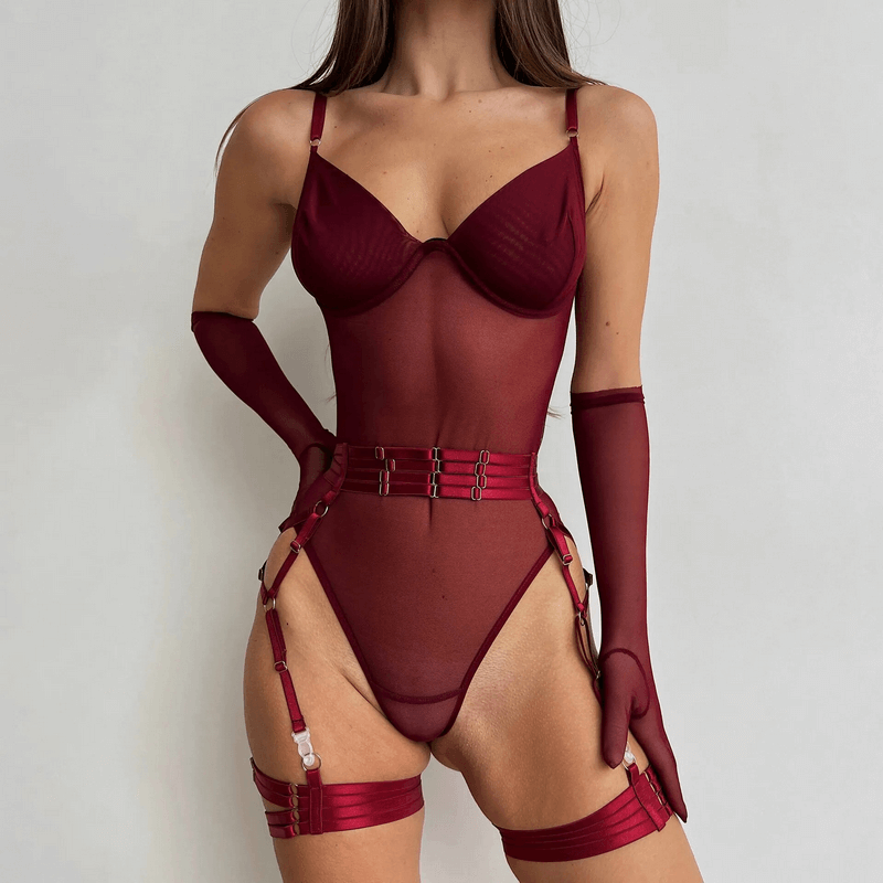 Erotic Seductive Bodysuits / Sexy Mesh Clothing with Long Gloves / Female Skinny Outfits - EVE's SECRETS