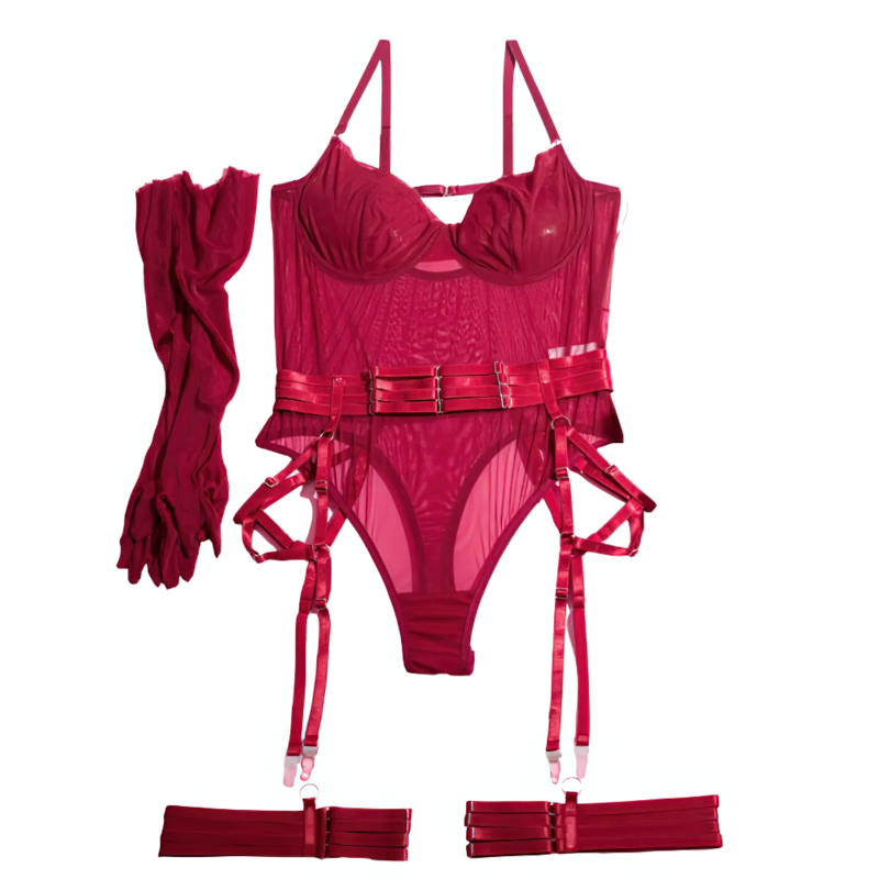 Erotic Burgundy Bodysuits / Sexy Mesh Clothing With Long Gloves / Female Skinny Outfits - EVE's SECRETS
