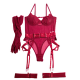 Erotic Burgundy Bodysuits / Sexy Mesh Clothing With Long Gloves / Female Skinny Outfits - EVE's SECRETS