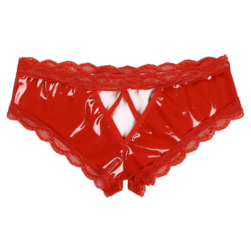 Erotic V-Back Panties with Lace Trim / Women's Crotchless Lingerie / Sexy Wet Look Underwear - EVE's SECRETS