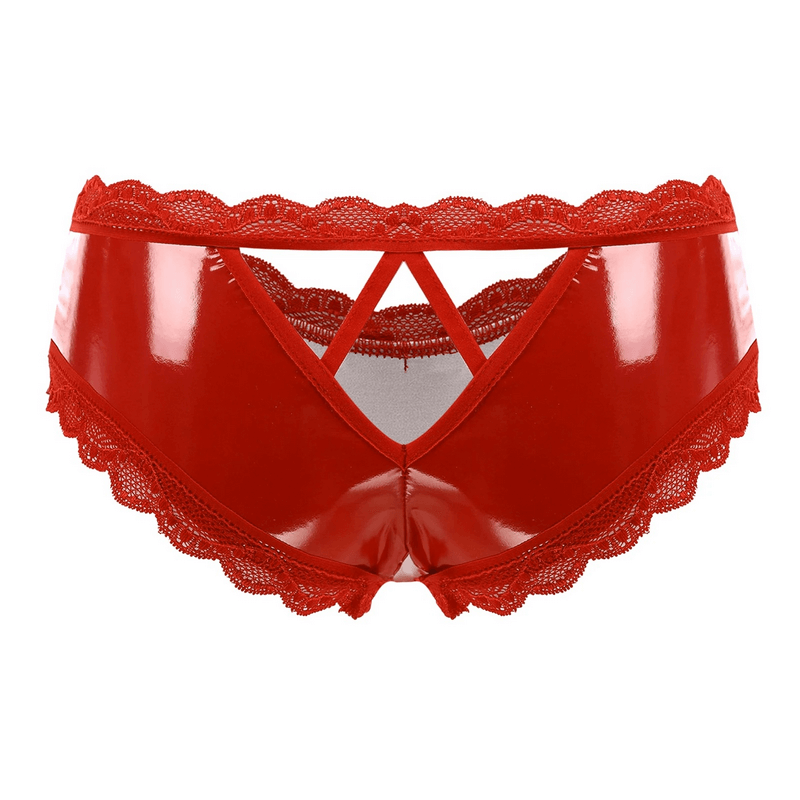 Erotic V-Back Panties with Lace Trim / Women's Crotchless Lingerie / Sexy Wet Look Underwear - EVE's SECRETS