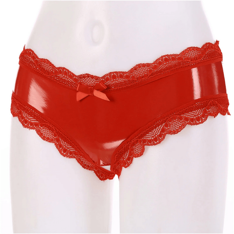 Erotic V-Back Panties with Lace Trim / Women's Crotchless Lingerie / Sexy Wet Look Underwear - EVE's SECRETS