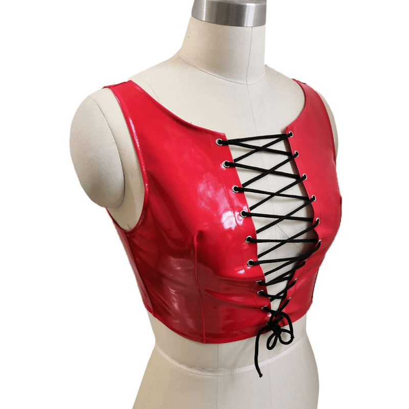 Sexy Lace-up Crop Tank Top / PVC Leather Wetlook Apparel / Women's Shiny Outfits - EVE's SECRETS