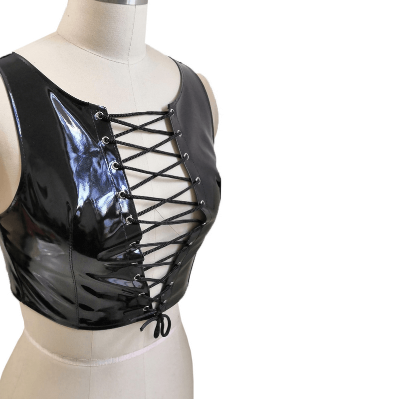 Sexy Lace-up Crop Tank Top / PVC Leather Wetlook Apparel / Women's Shiny Outfits - EVE's SECRETS