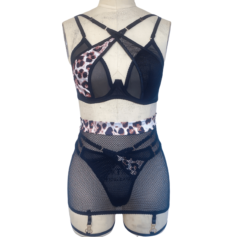 Erotic Leopard Bra Lingerie / Lace Fancy 4-Piece Underwear / Women See Through Intimate Bra Set - EVE's SECRETS