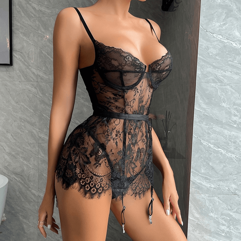 Extremely Short Sheer Night Dress with G-String and Suspenders / Sexy Lace Babydoll Lingerie - EVE's SECRETS