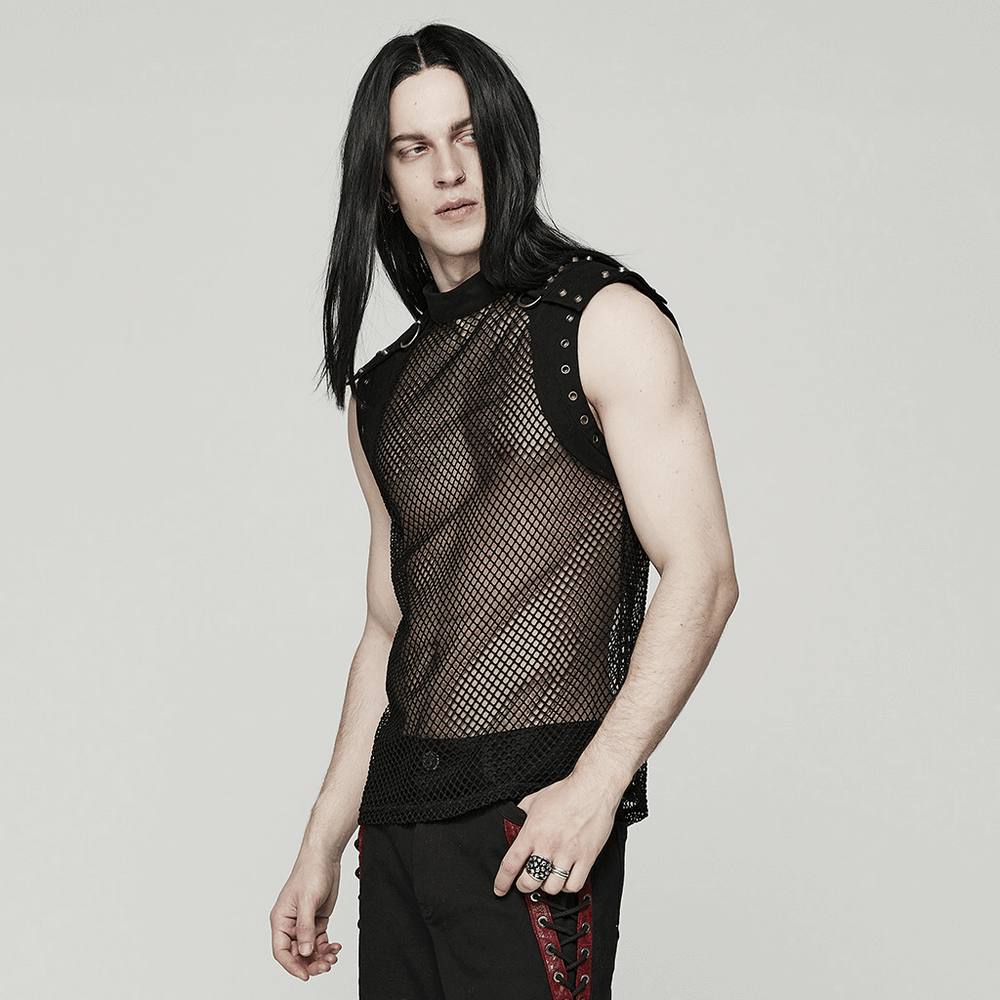 Fashionable Punk Mesh Vest for Men with Denim Accents
