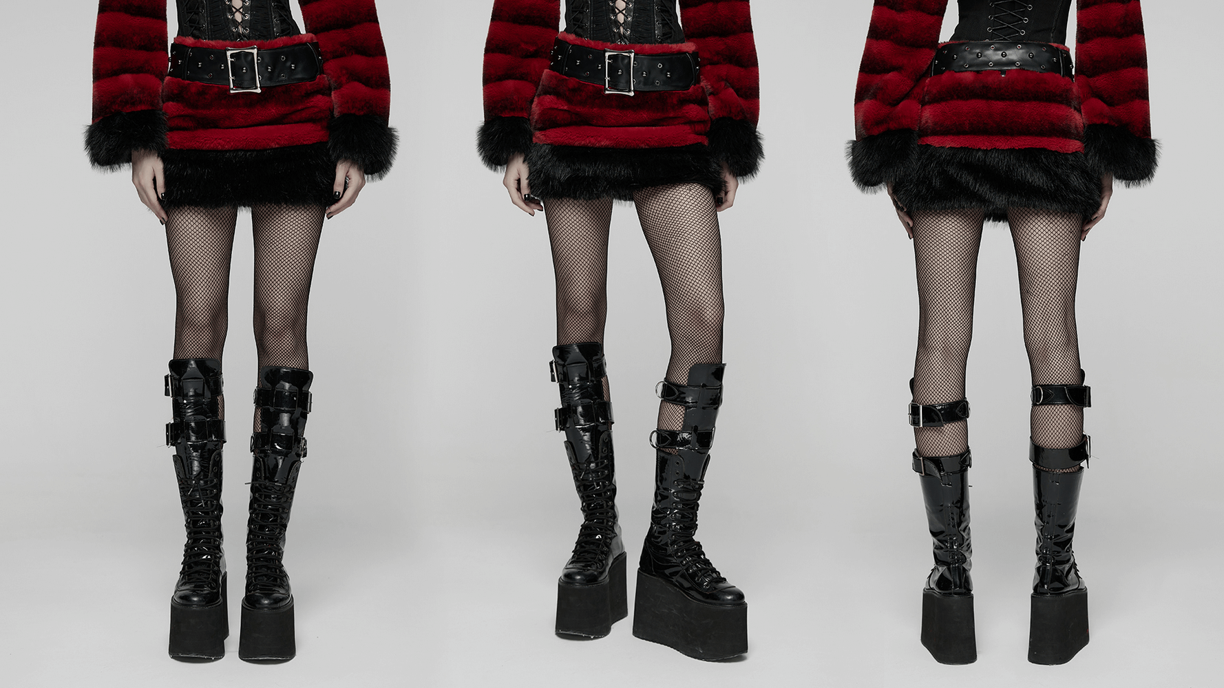Faux Fur Gothic Mini Skirt with Studded Belt Accent