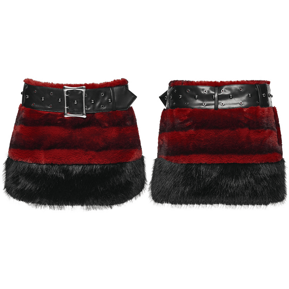 Faux Fur Gothic Mini Skirt with Studded Belt Accent