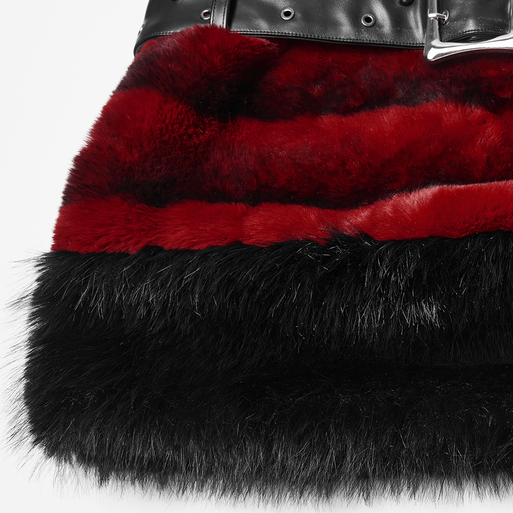 Faux Fur Gothic Mini Skirt with Studded Belt Accent