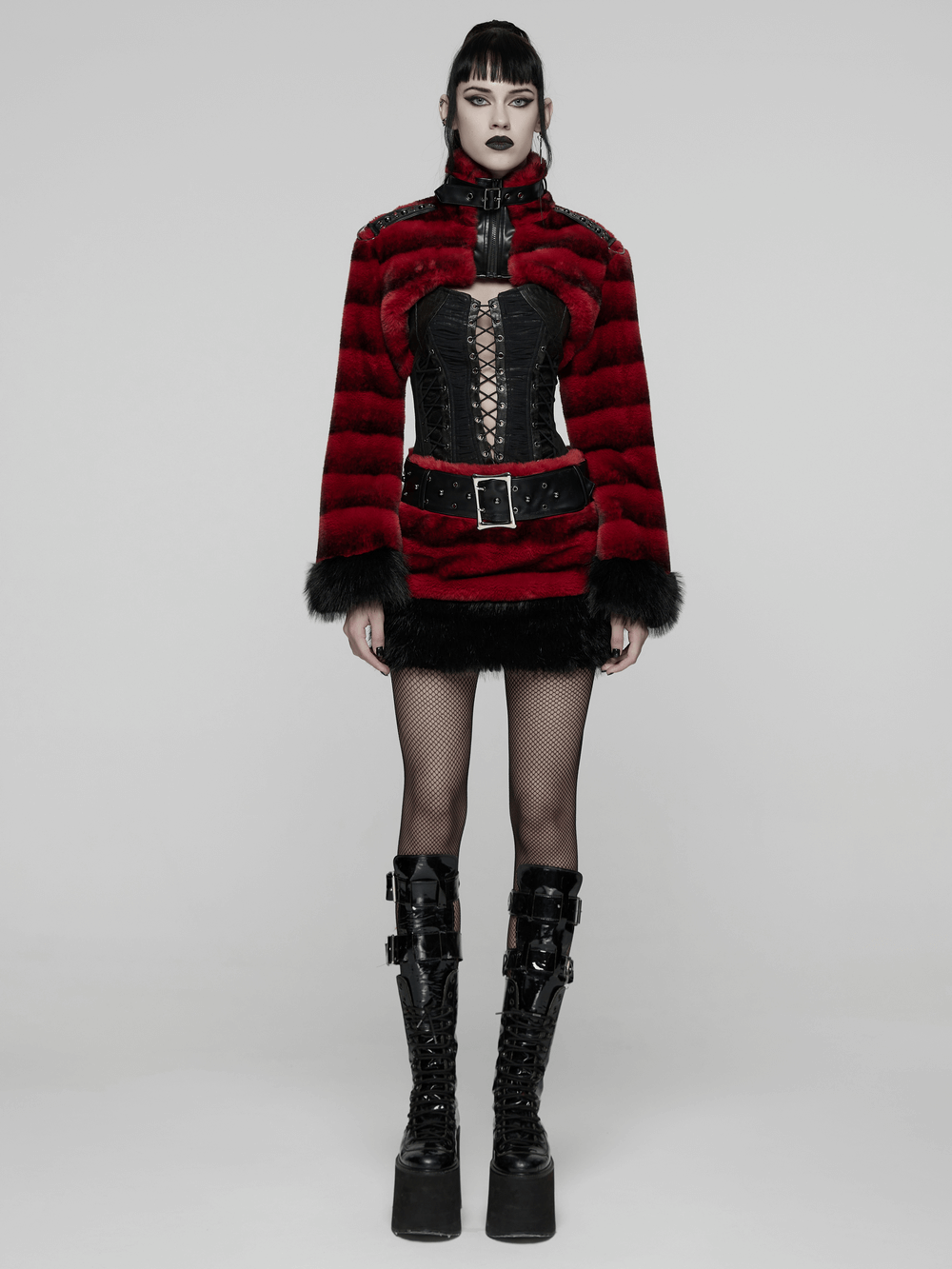 Faux Fur Gothic Mini Skirt with Studded Belt Accent