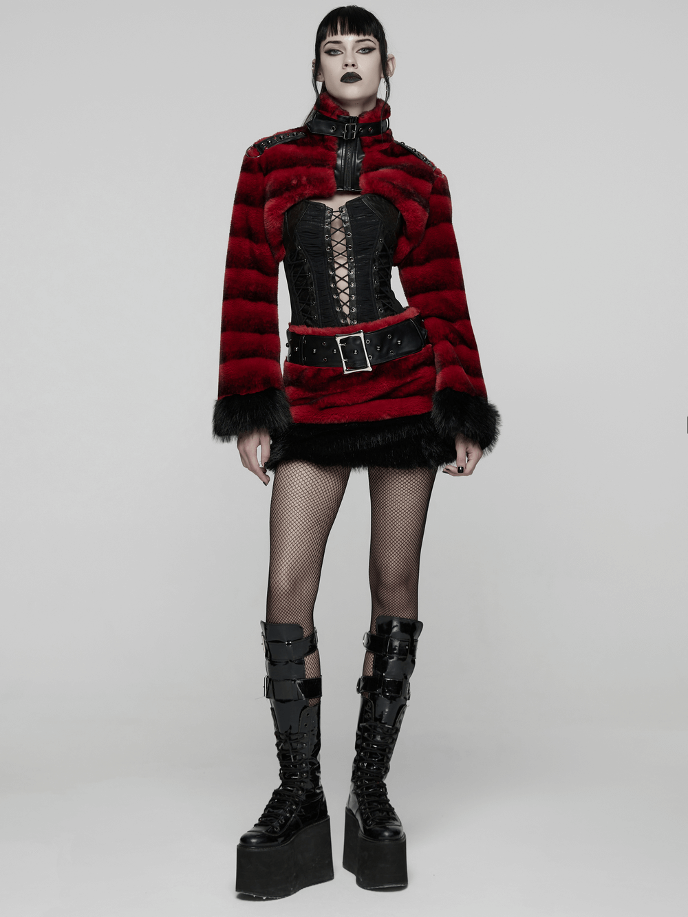 Faux Fur Gothic Mini Skirt with Studded Belt Accent