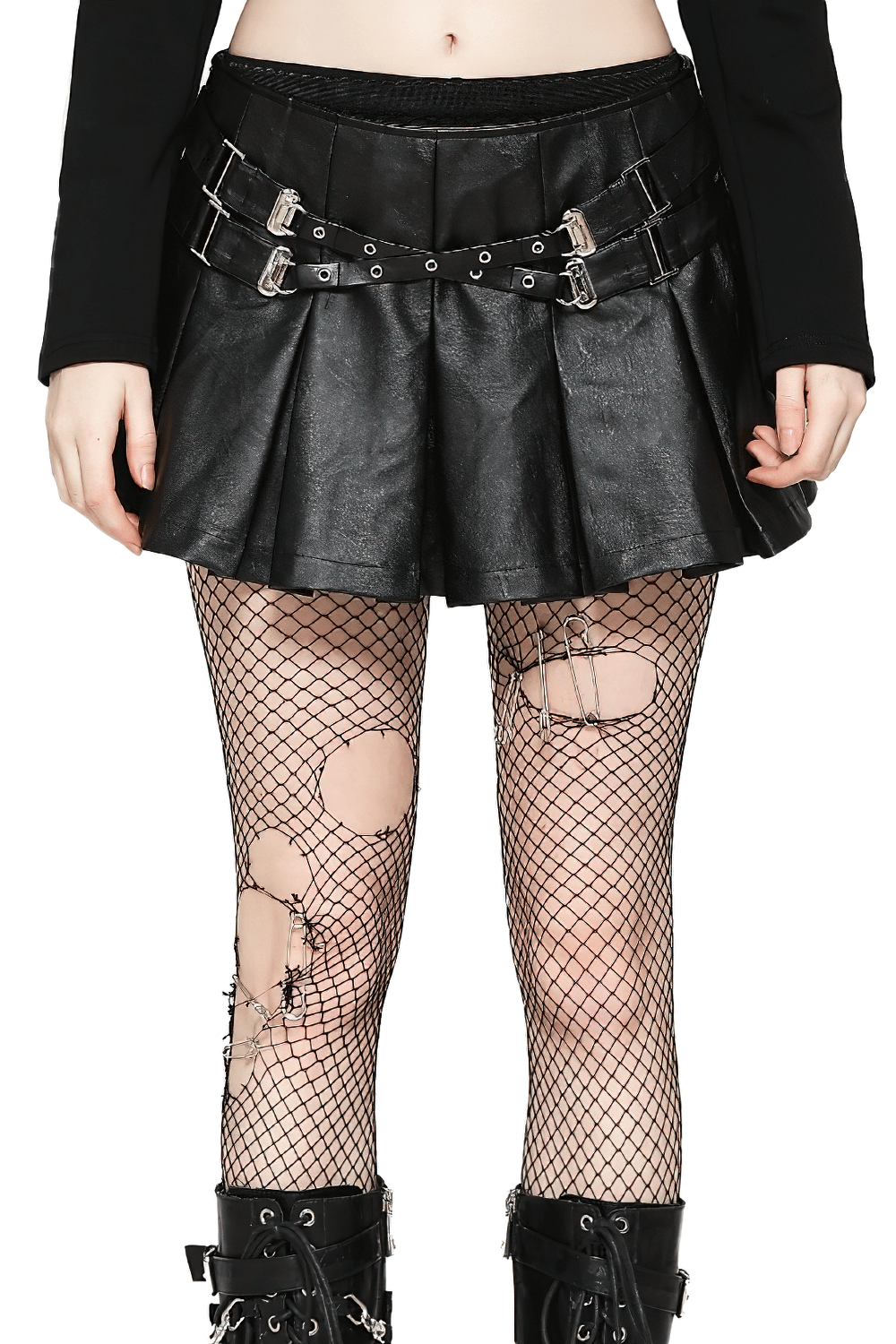 Faux Leather Pleated Mini Skirt with Edgy Belt Accents