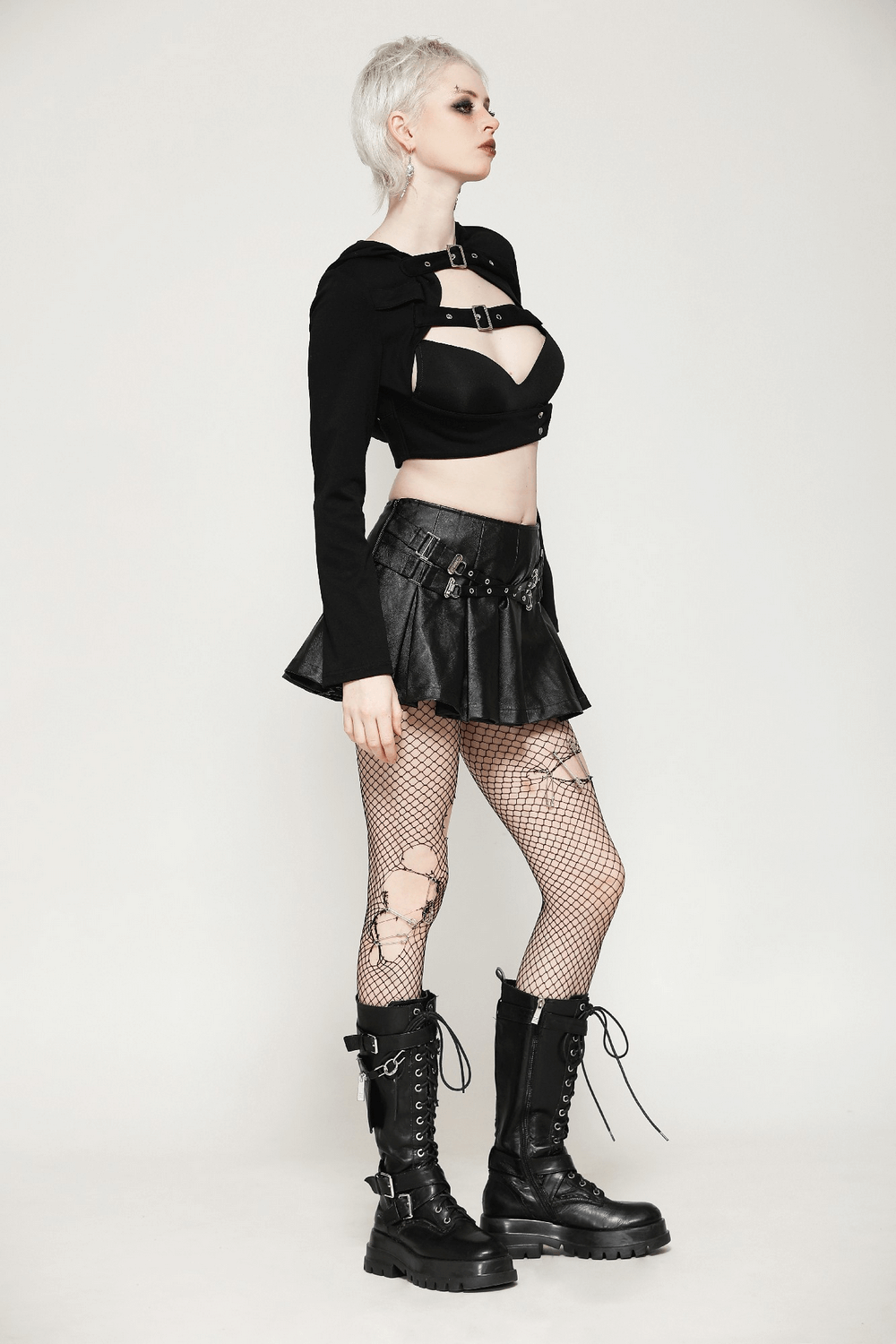 Faux Leather Pleated Mini Skirt with Edgy Belt Accents
