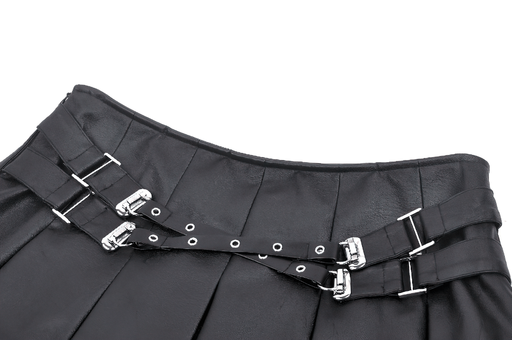 Faux Leather Pleated Mini Skirt with Edgy Belt Accents