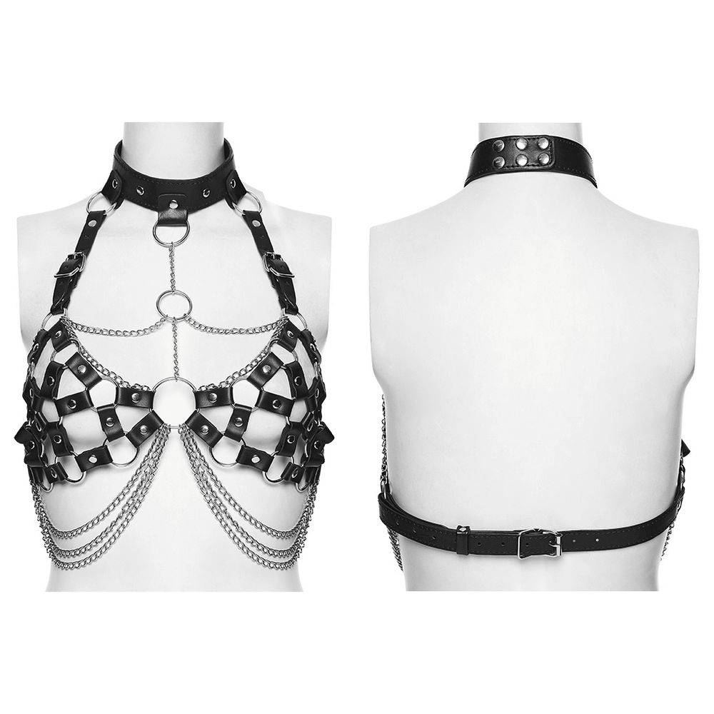 Faux Leather Punk Body Harness with Rings and Chains