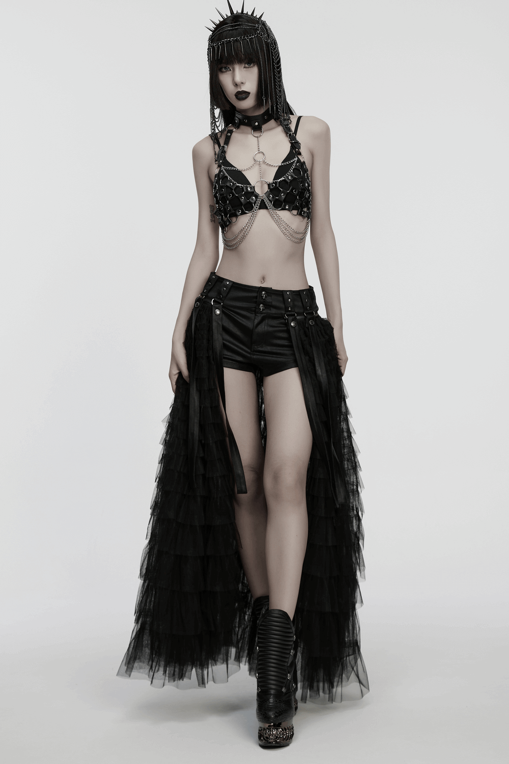 Faux Leather Punk Body Harness with Rings and Chains