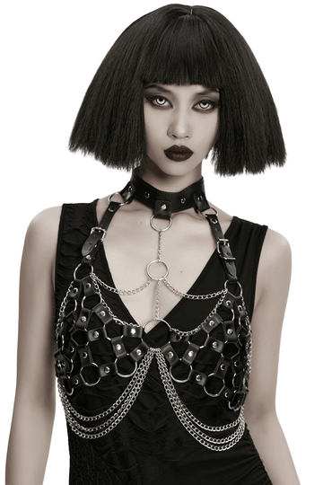 Faux Leather Punk Body Harness with Rings and Chains