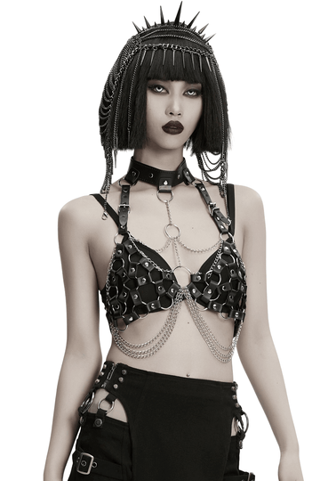 Faux Leather Punk Body Harness with Rings and Chains