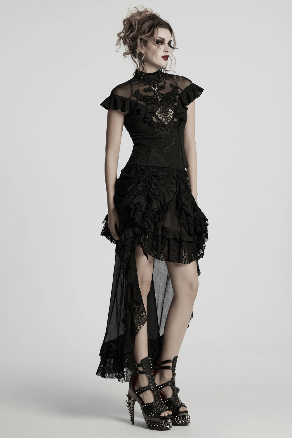 Female Black Lace Top with Embroidered Applique