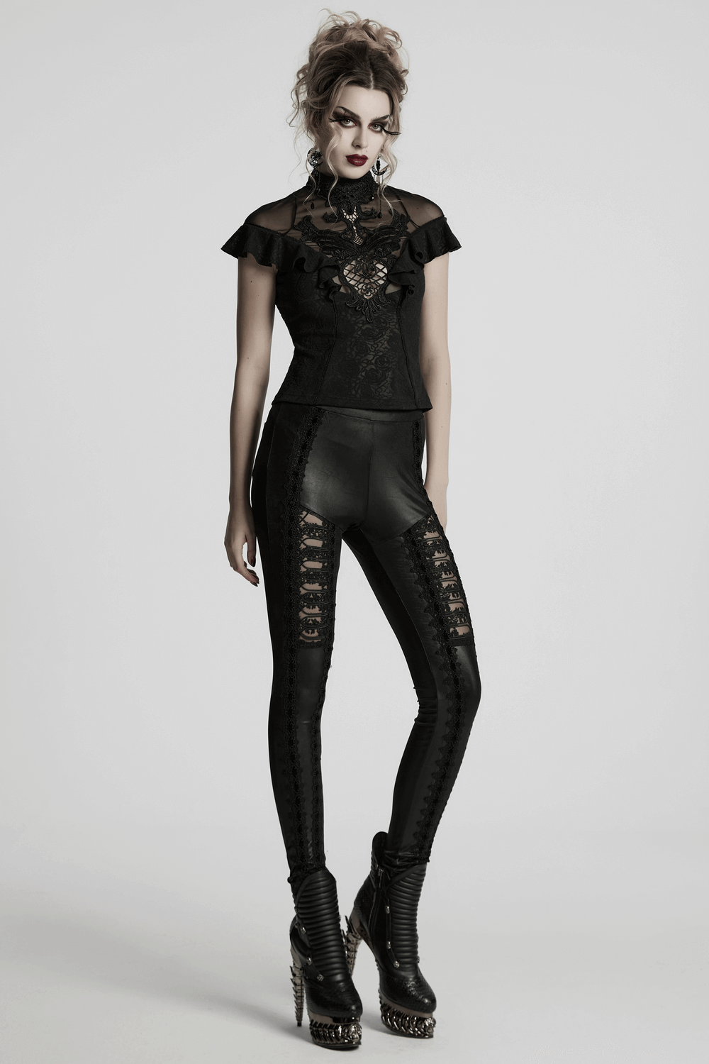 Female Black Lace Top with Embroidered Applique
