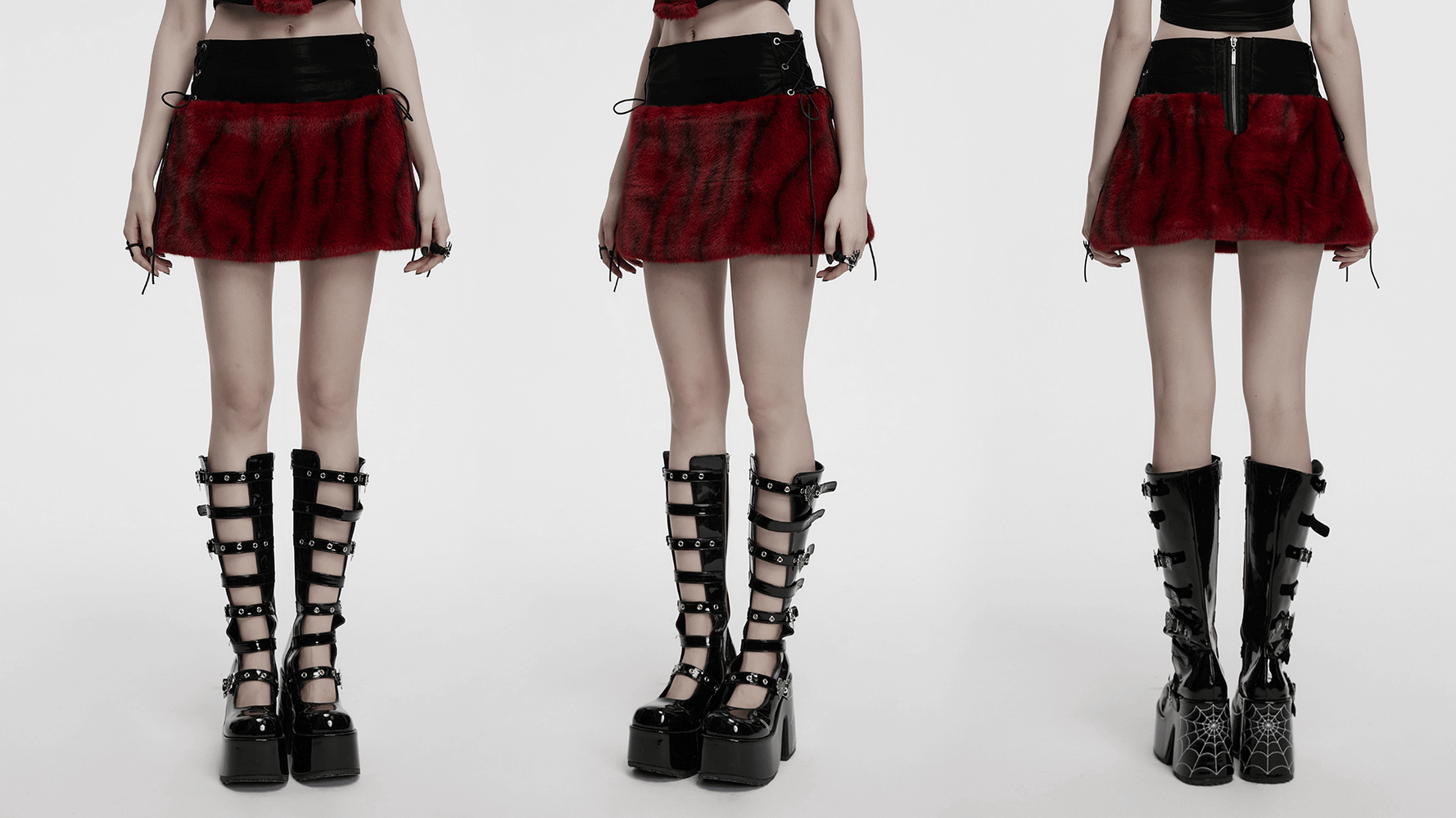 Flame Tie-Dyed Punk Skirt in Faux Leather and Fur Design