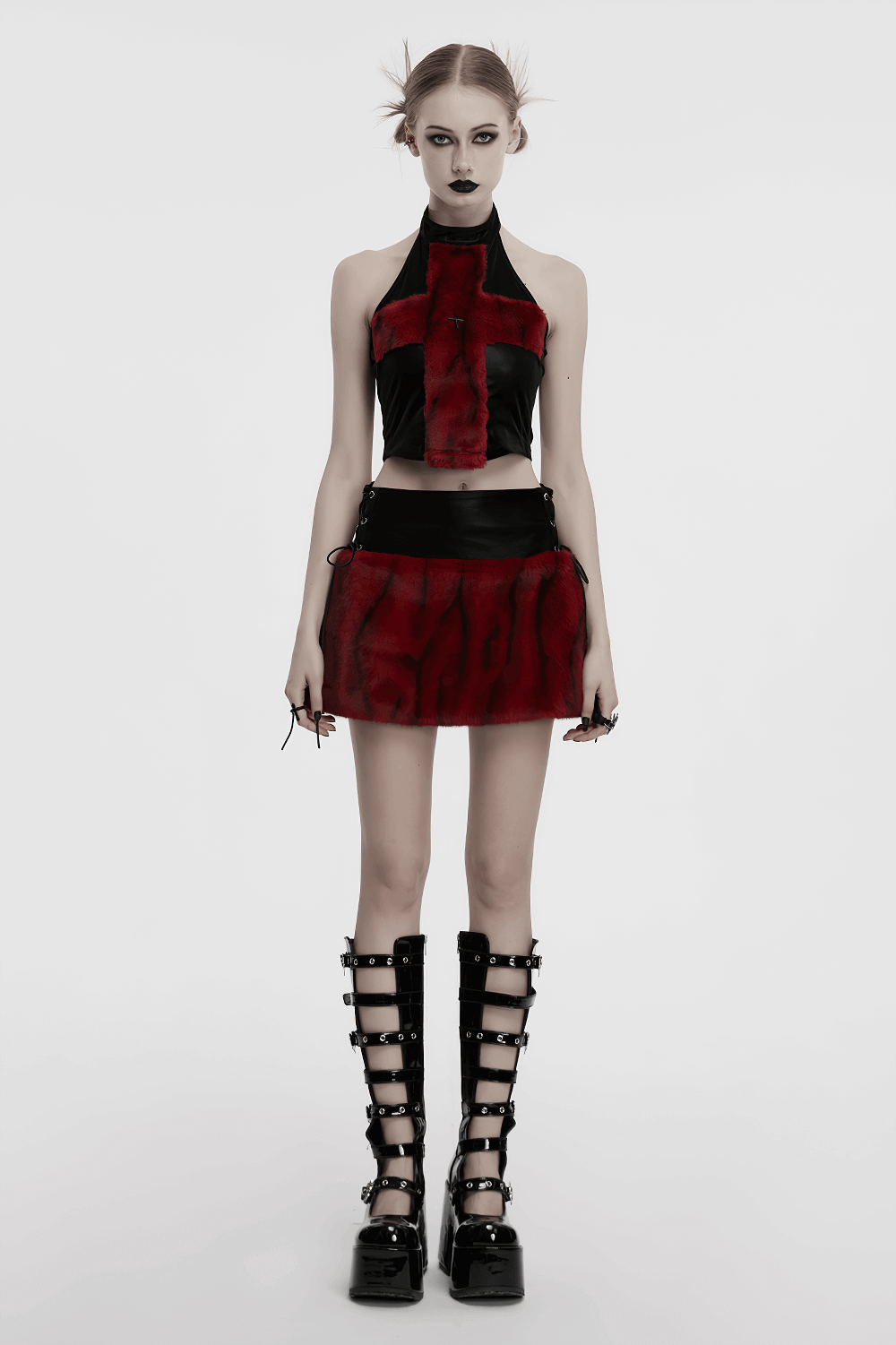 Flame Tie-Dyed Punk Skirt in Faux Leather and Fur Design
