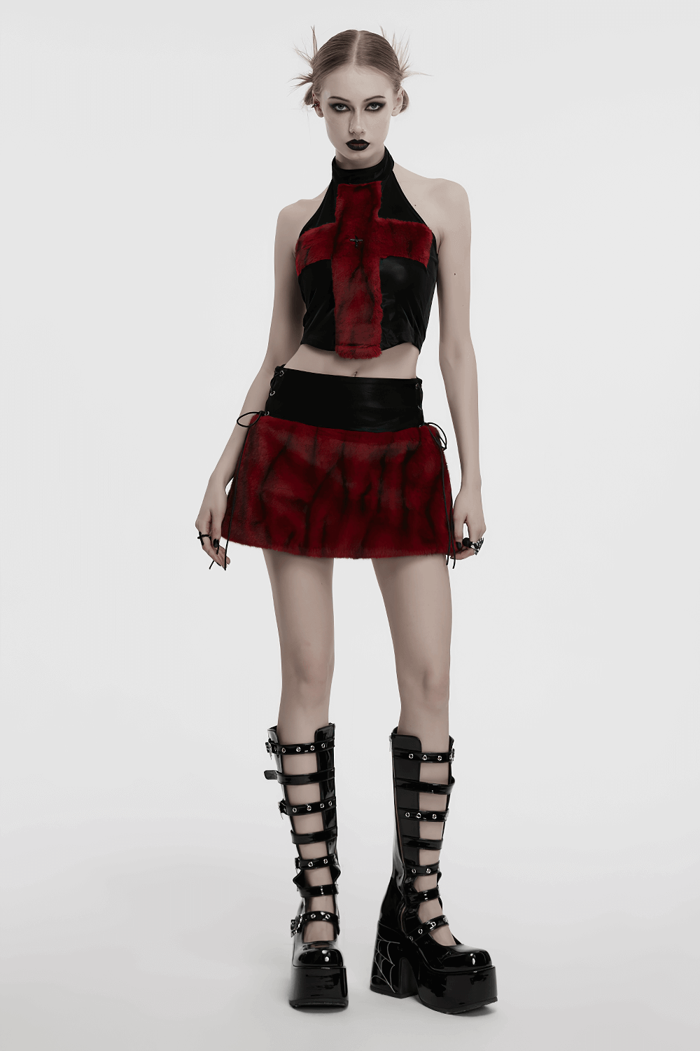 Flame Tie-Dyed Punk Skirt in Faux Leather and Fur Design