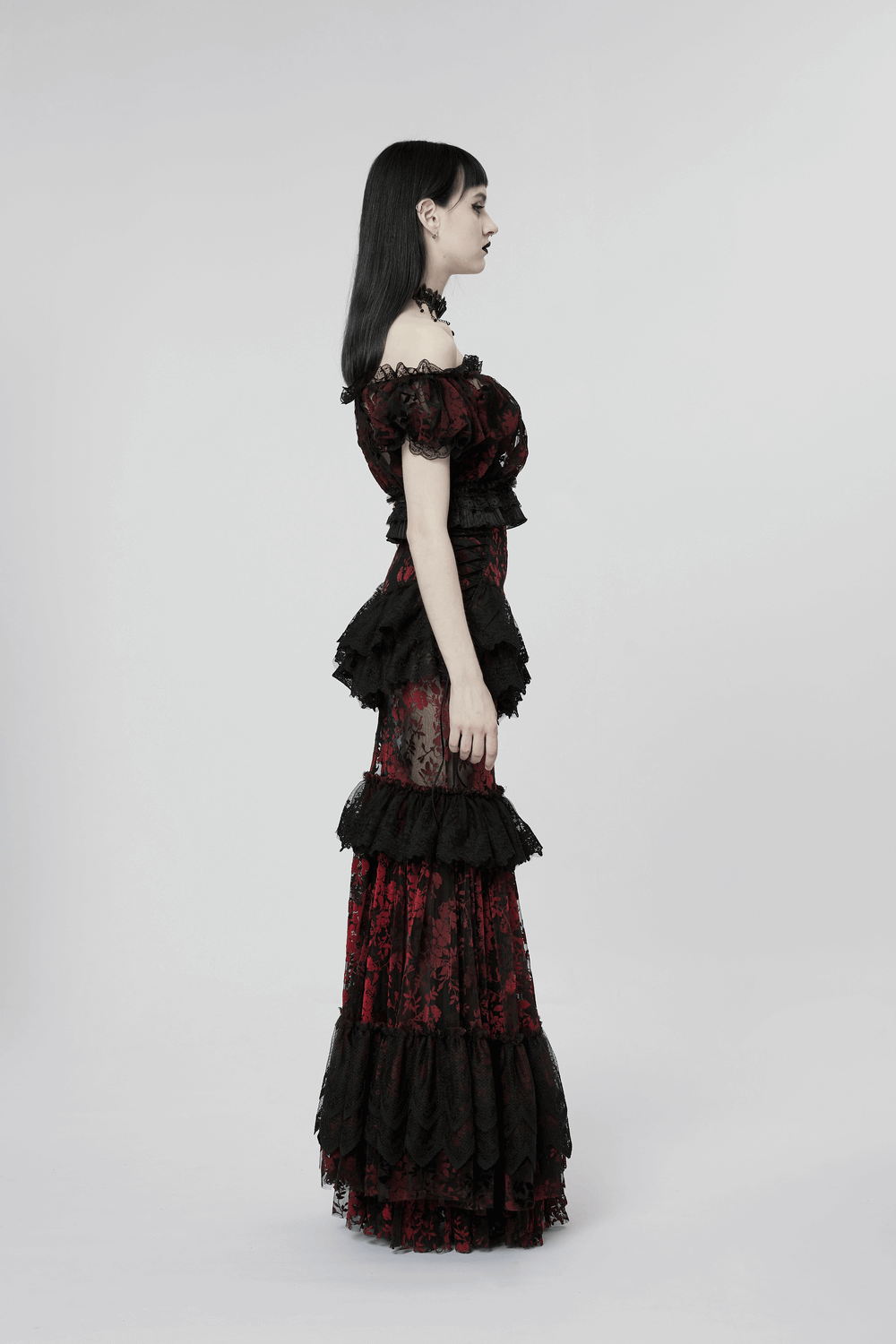 Women's Gothic Fishtail Skirt with Layered Floral Lace