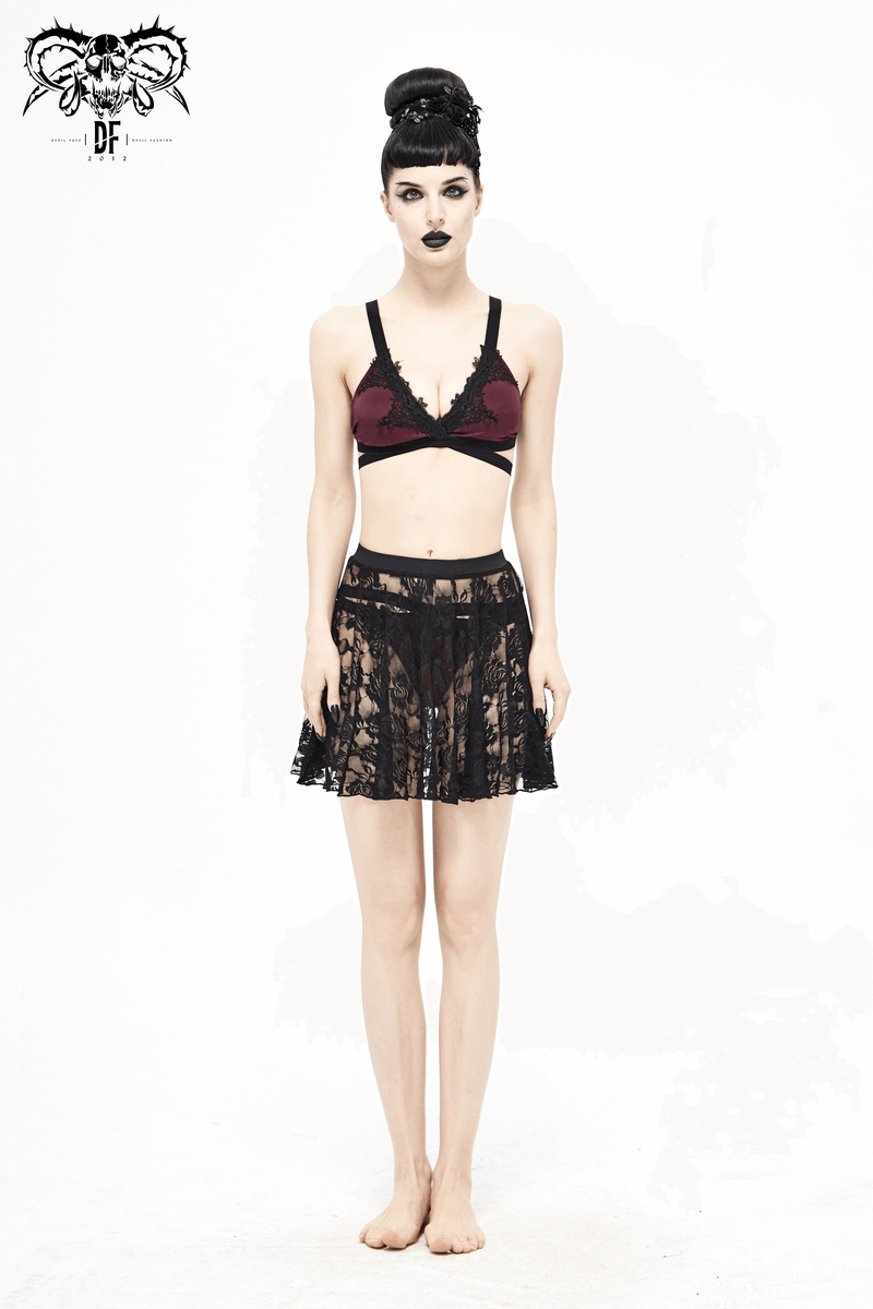 Floral Lace Mini Skirt / Sheer Black Single Layer