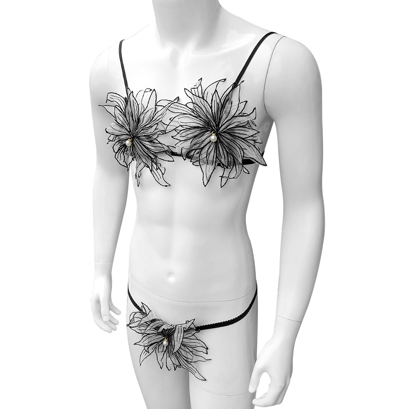 Floral Lingerie Set for Men / Erotic Mesh Underwear / Sheer Bra Top with G-strings - EVE's SECRETS