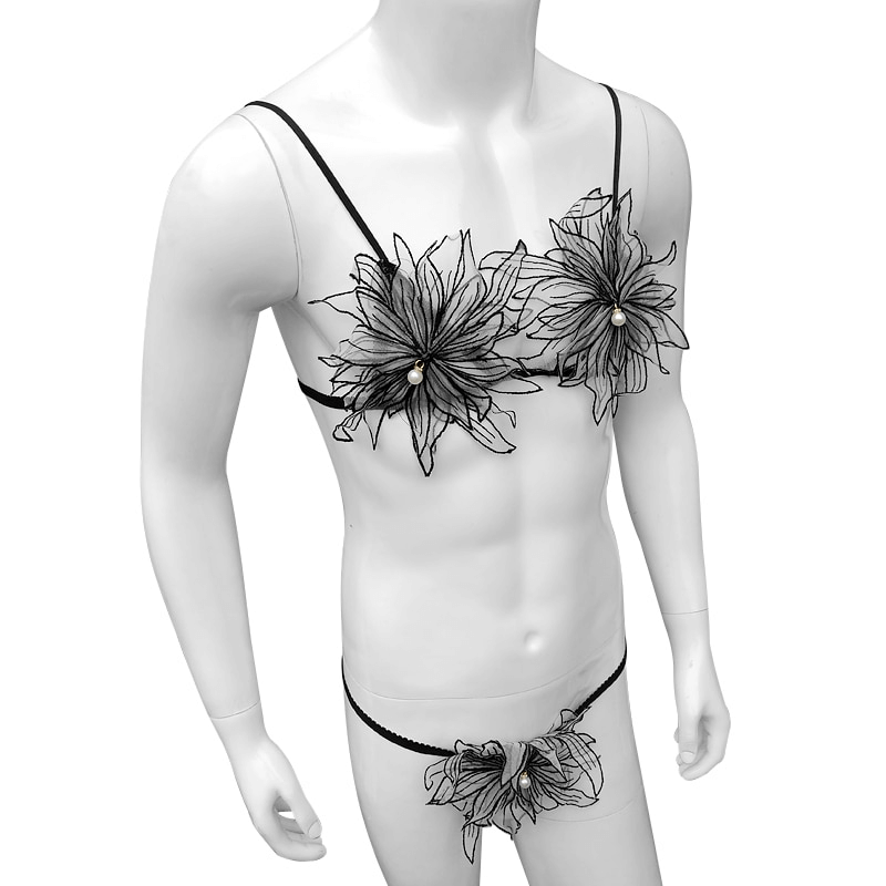 Floral Lingerie Set for Men / Erotic Mesh Underwear / Sheer Bra Top with G-strings - EVE's SECRETS