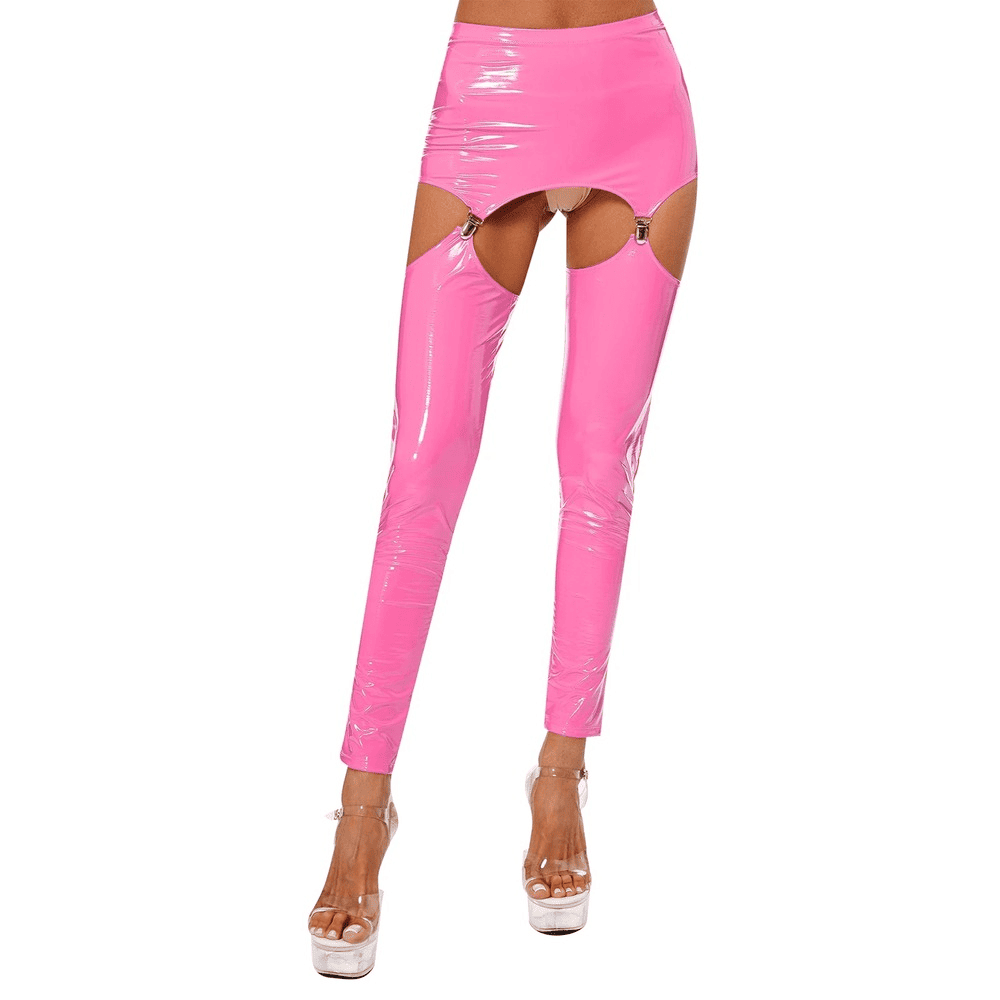 Glossy High-Waist Latex Garter Leggings for Women