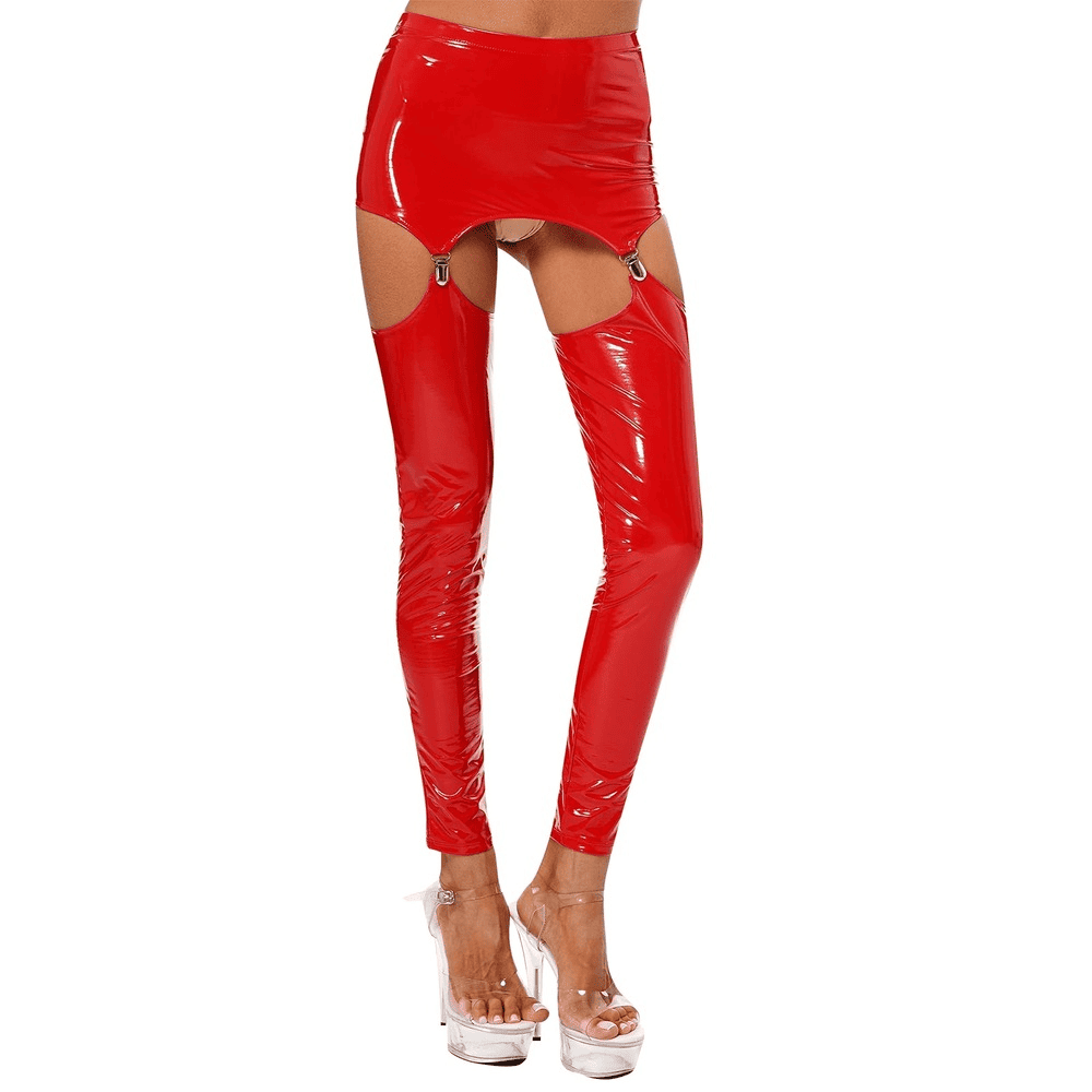 Glossy High-Waist Latex Garter Leggings for Women