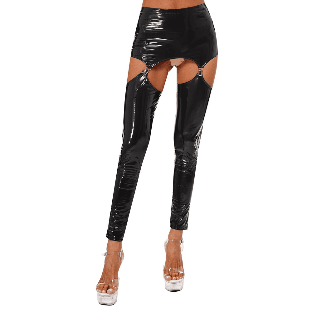Glossy High-Waist Latex Garter Leggings for Women