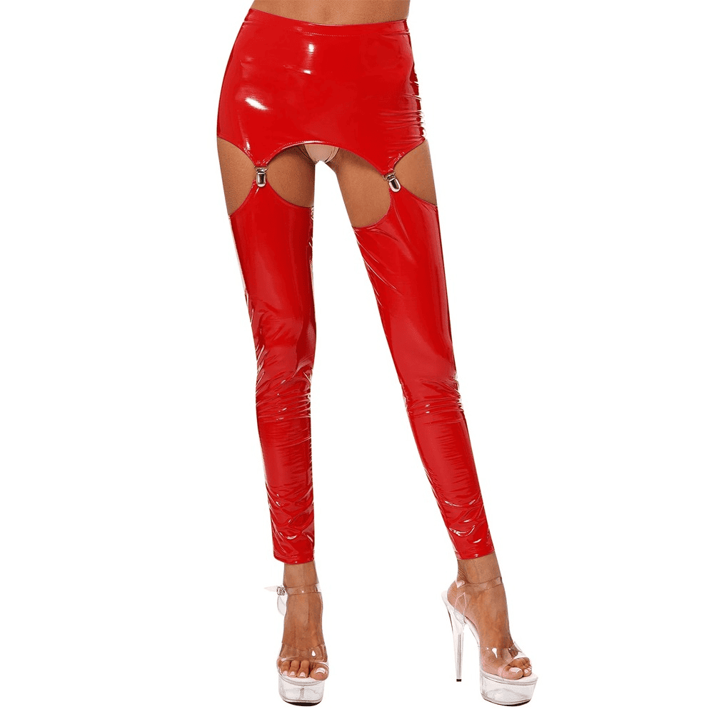 Glossy High-Waist Latex Garter Leggings for Women