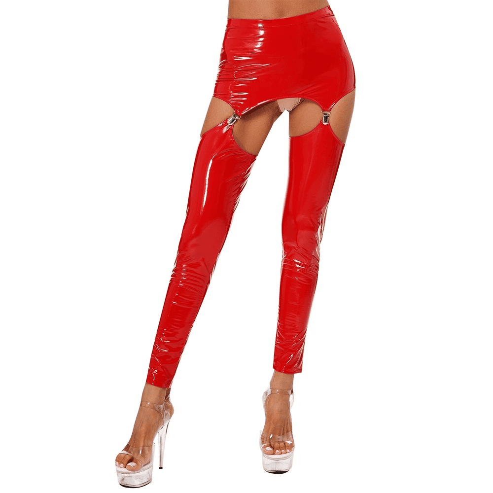 Glossy High-Waist Latex Garter Leggings for Women
