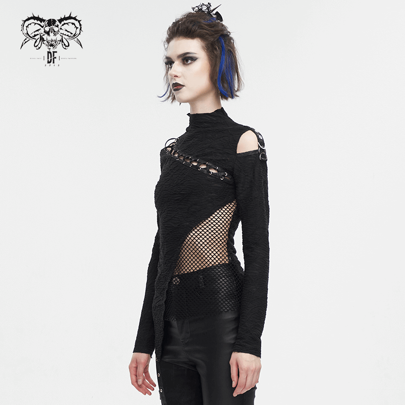 Goth Patchwork Half-Turtleneck with Asymmetrical Hem