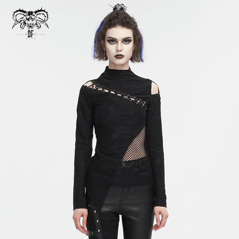 Goth Patchwork Half-Turtleneck with Asymmetrical Hem